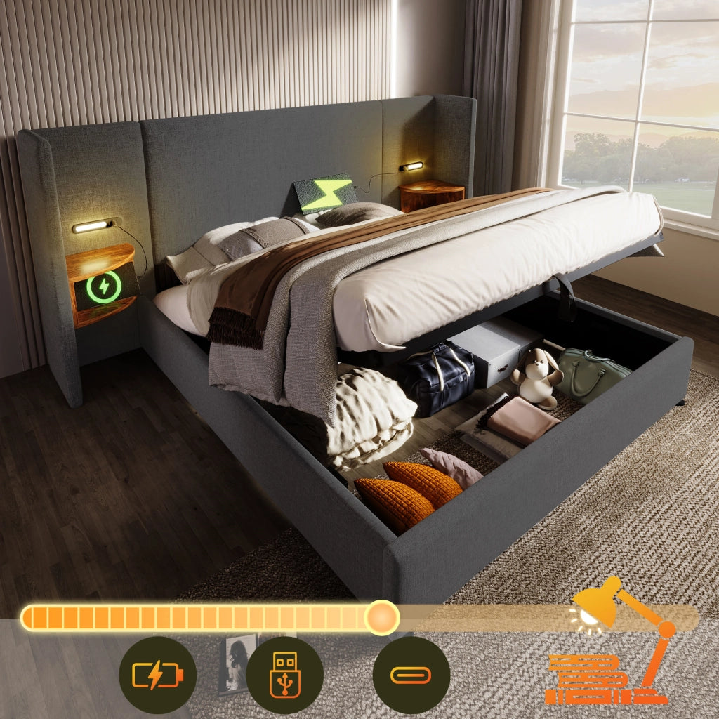 Letto matrimoniale contenitore 180x200 grigio con comodini integrati
