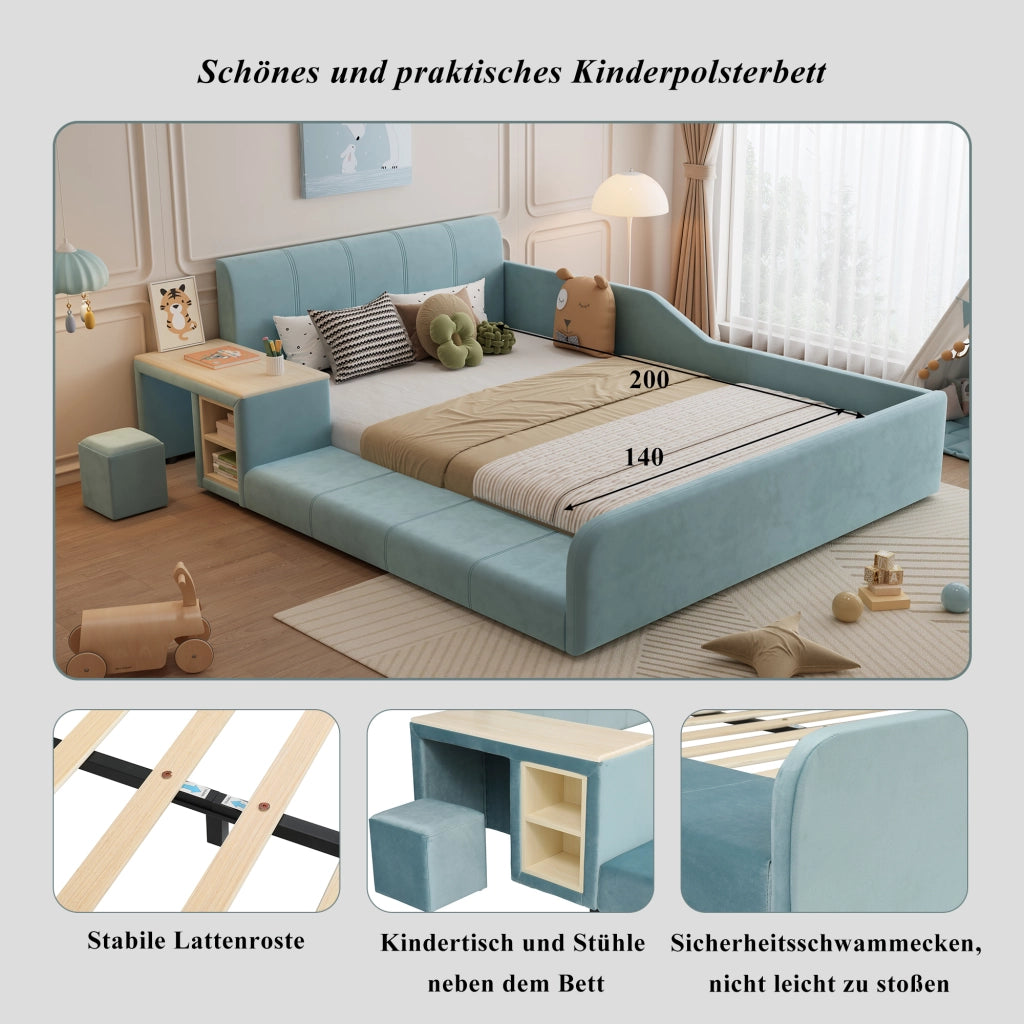 Letto 140 x 200 cm con scrivania e pouf, cassetti, velluto blu, camera per bambini