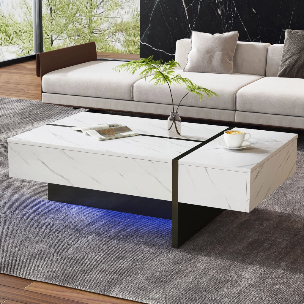 TAVOLO da caffè con LED, 105x60x35 cm, bianco, 3 cassetti
