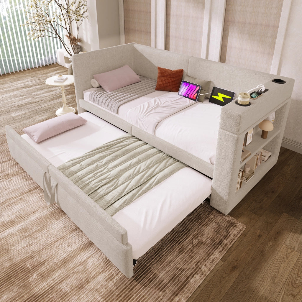 Divano letto singolo 90x200 cm beige con letto estraibile