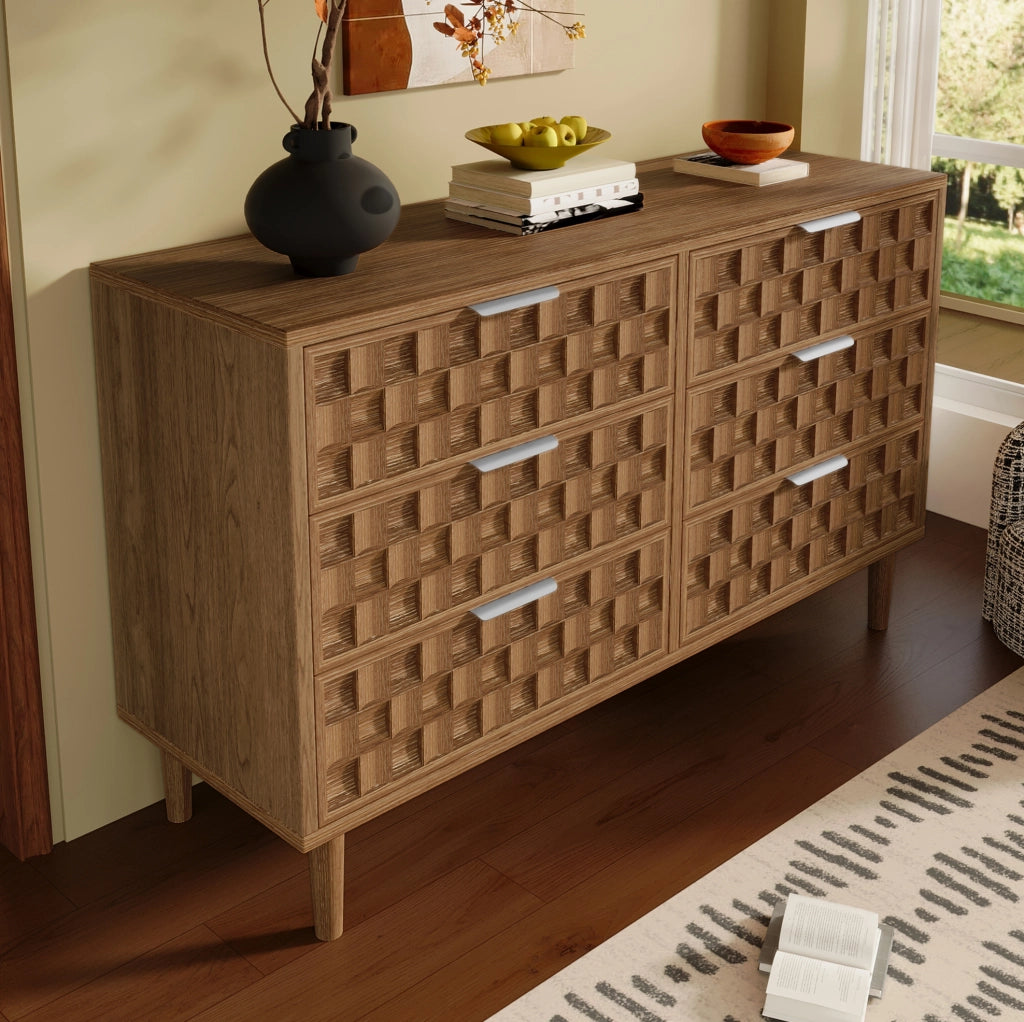 Sideboard 120x37x77 cm con 6 cassetti; effetto rovere; MDF