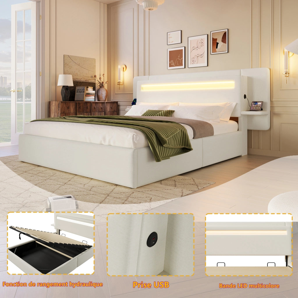 Letto contenitore 180 × 200 cm imbottito con sollevamento idraulico; comodino USB e LED multicolore beige