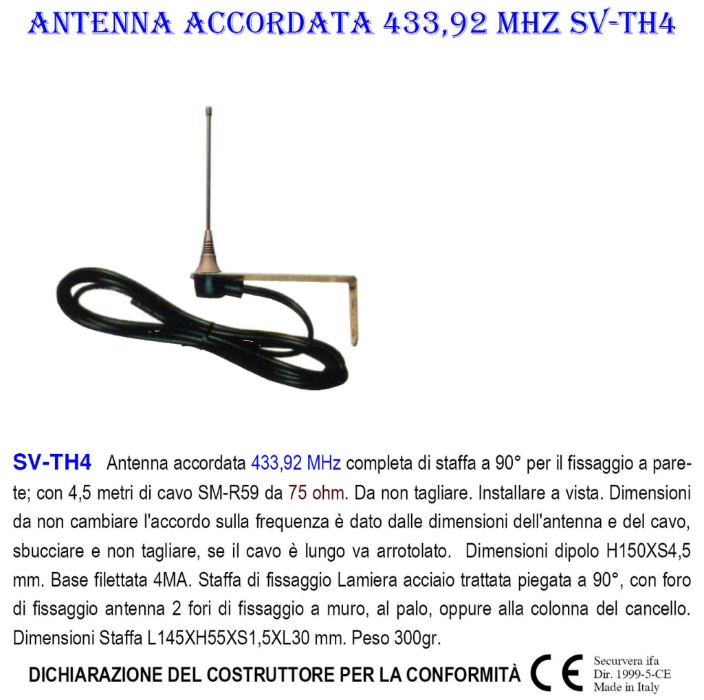 Antenna Omnidirezionale Accordata Frequenza 433 MHz Con 4,5 Metri di Cavo Schermato RG58 Adatta X Automatismi e Comandi Radio Staffa in Acciaio Con Fori di Fissaggio a Parete o Colonna Protezione IP44