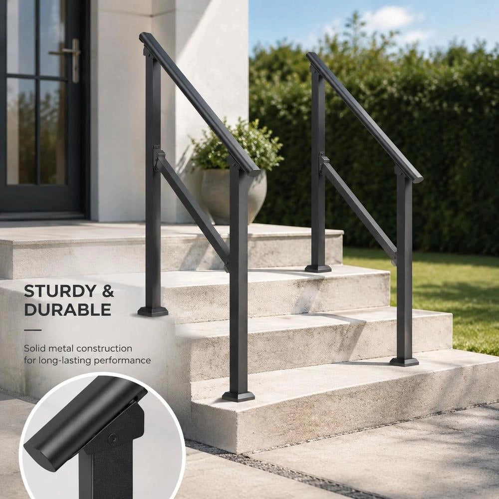 Handrails For Outdoor Stairs, 2-piece Handrail Set For 2-3 Steps, Carbon Steel Transition Railing With Mounting Kit, Stair Railing For Seniors, Concrete, Porch & Deck, Black Square Tube