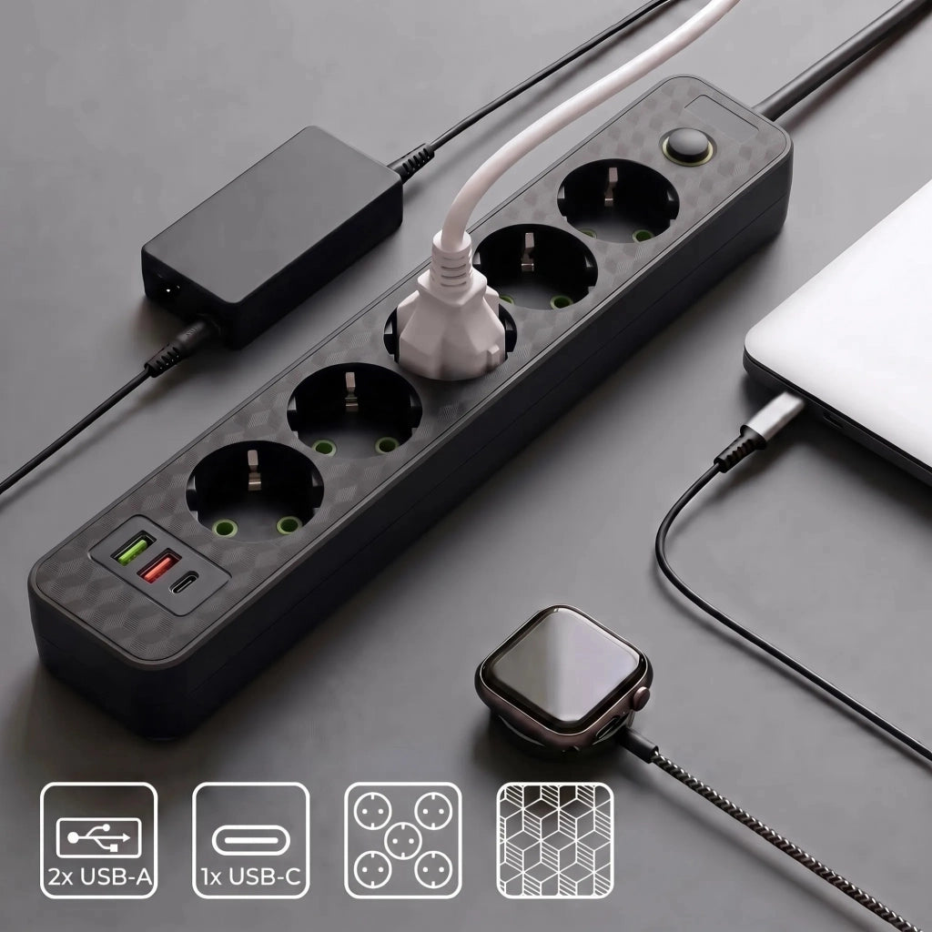 Multipresa Con Prolunga, 5 Prese + 2x Usb-a + Usb-c Rea Jnh022-5a Black