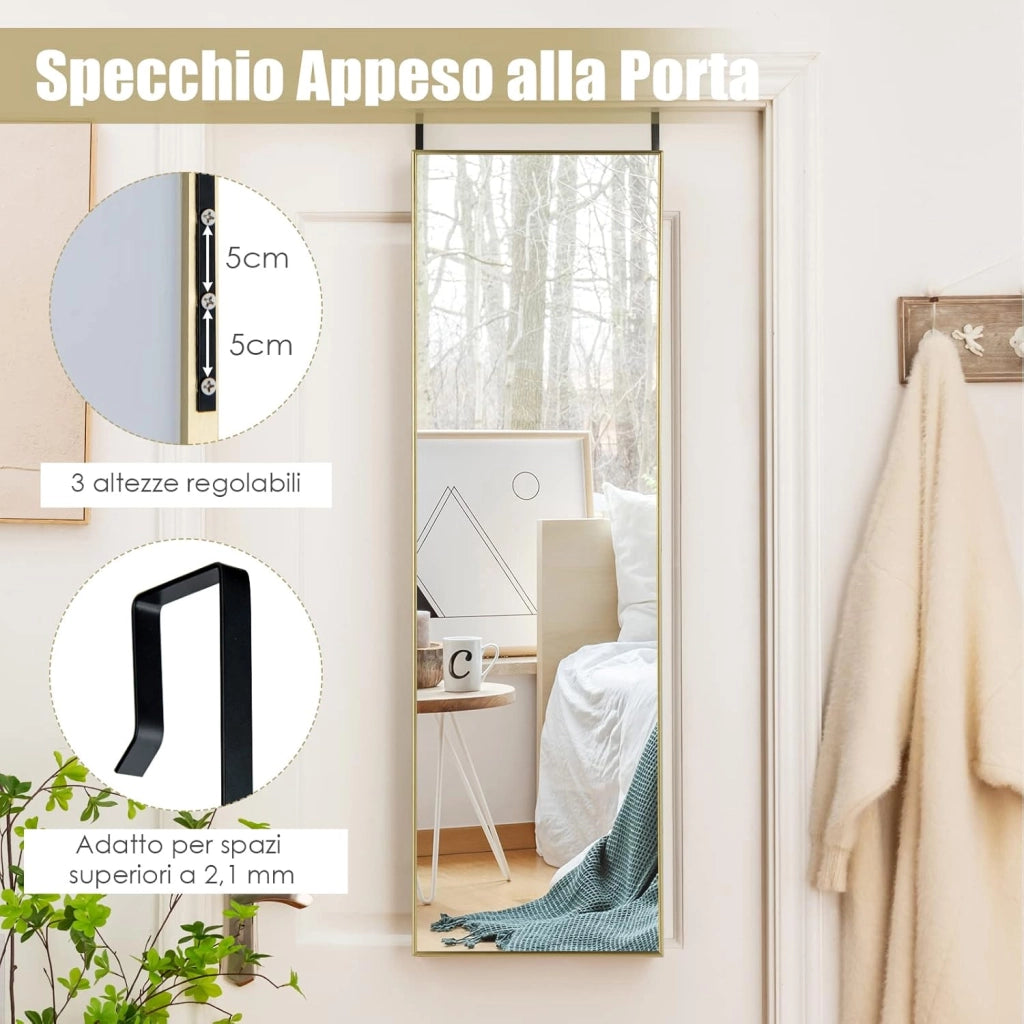 Specchio da Parete Lungo, Specchio da Terra Appendere con Cornice in Lega di Alluminio e Ganci, Per Camera da Letto e Soggiorno, 120 x 37 cm (Oro)