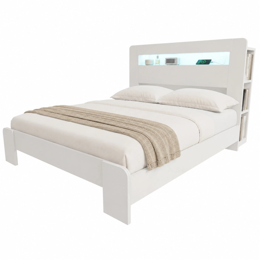 Letto 140x200 cm bianco con testiera a vani; LED e prese integrate