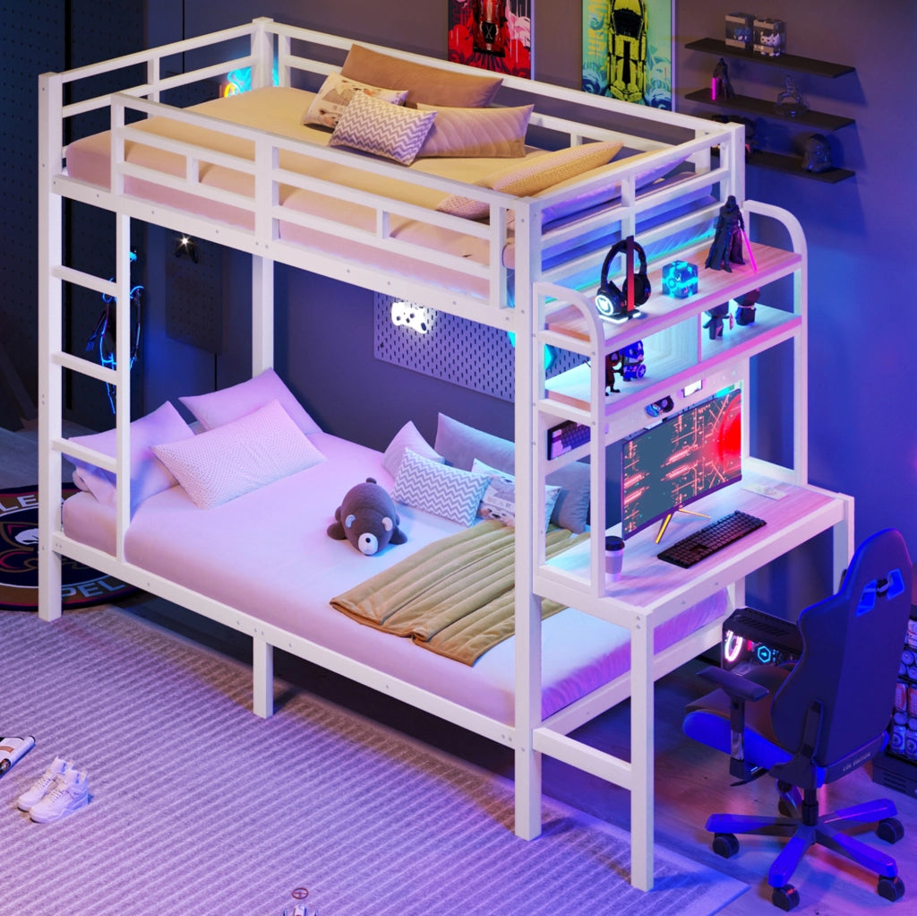 Letto a soppalco ULEVR 90x200 cm con scrivania, ripiani, LED, USB, scala e sponde di sicurezza, bianco