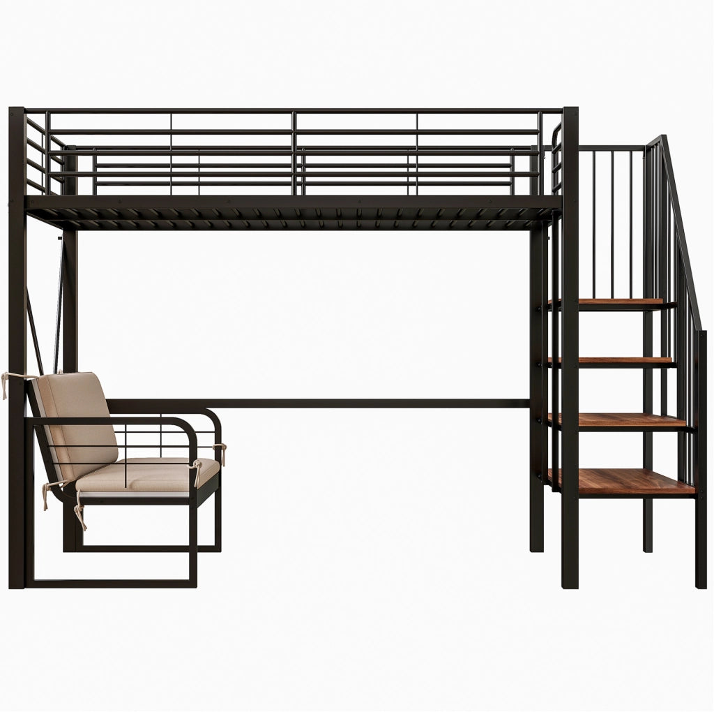 Letto a castello 90x200 cm con divano removibile e scala contenitore in metallo