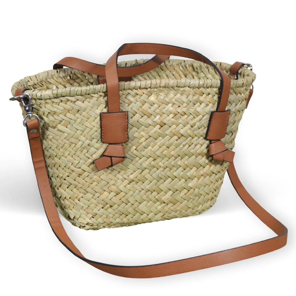 Borsa mare donna Erba in paglia intrecciata con tracolla manici in cuoio marrone