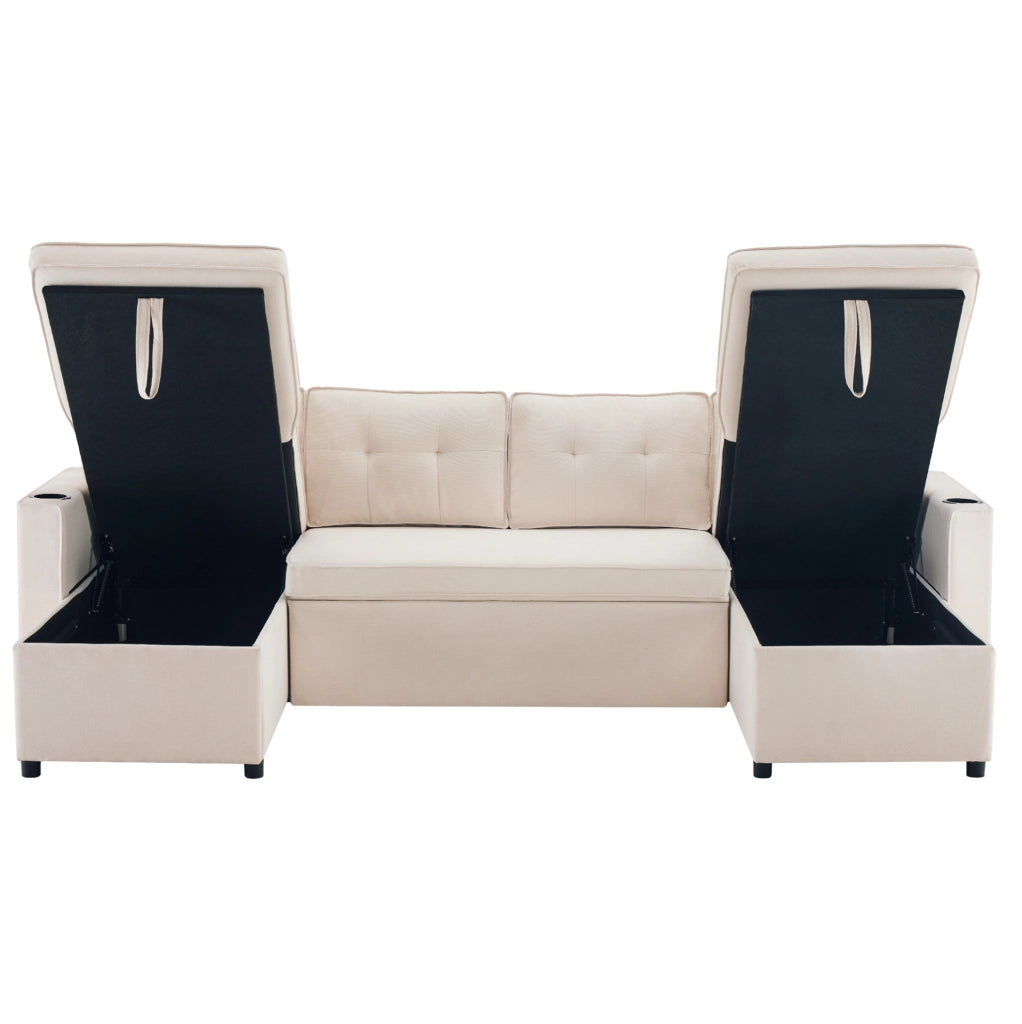Divano letto U-förmige con contenitore, 4 posti, tessuto cotone-lino, beige, con 2 cuscini