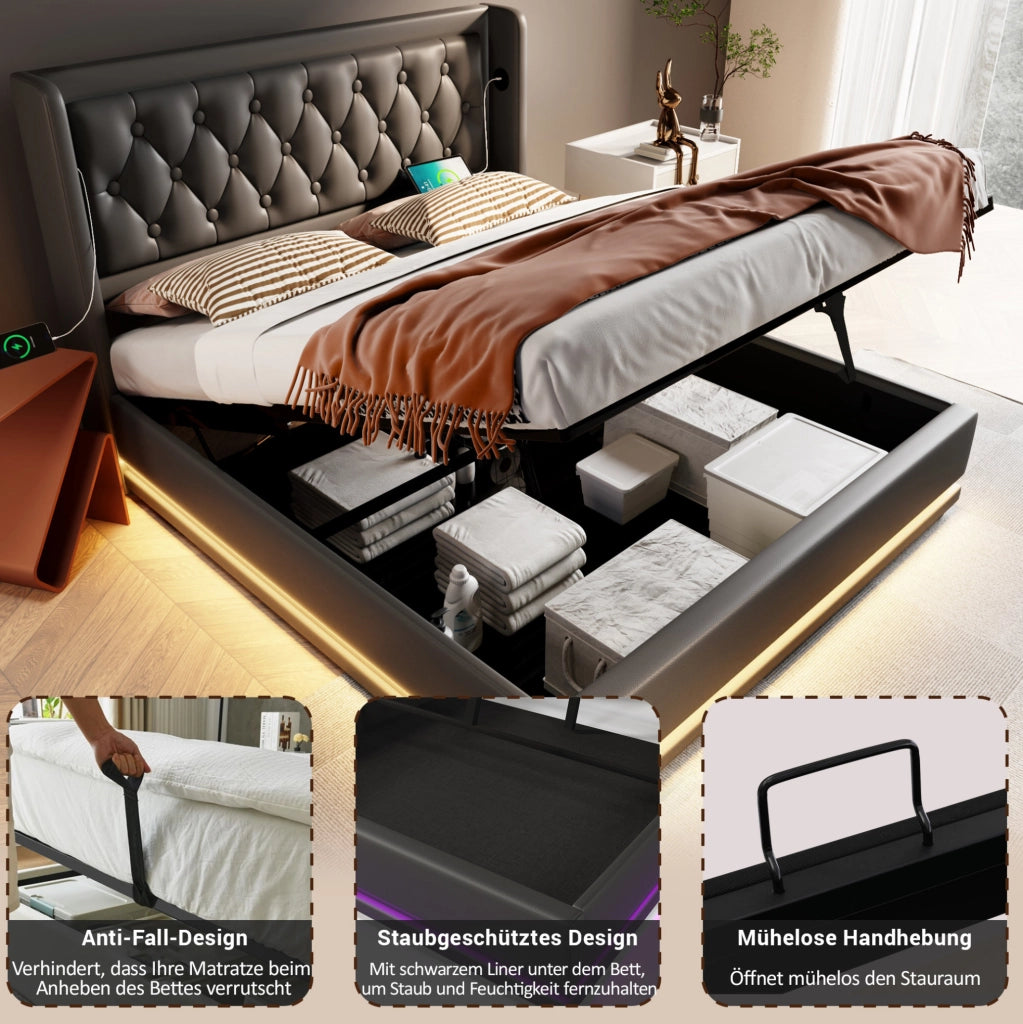 LETTO Contenitore 140x200 cm in PU Nero con USB e LED