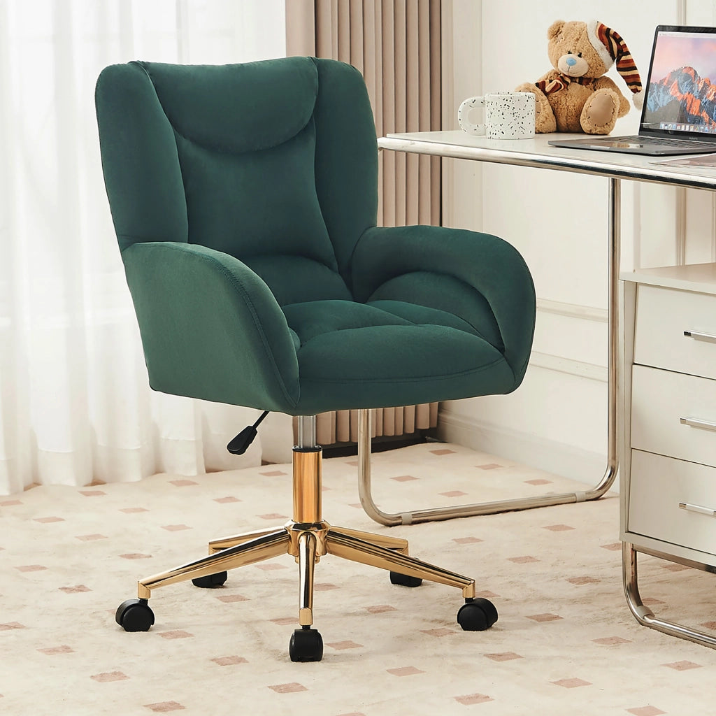 Sedia da ufficio girevole regolabile in altezza in velluto verde con base in metallo dorato 64 × 62 × 92.5 cm