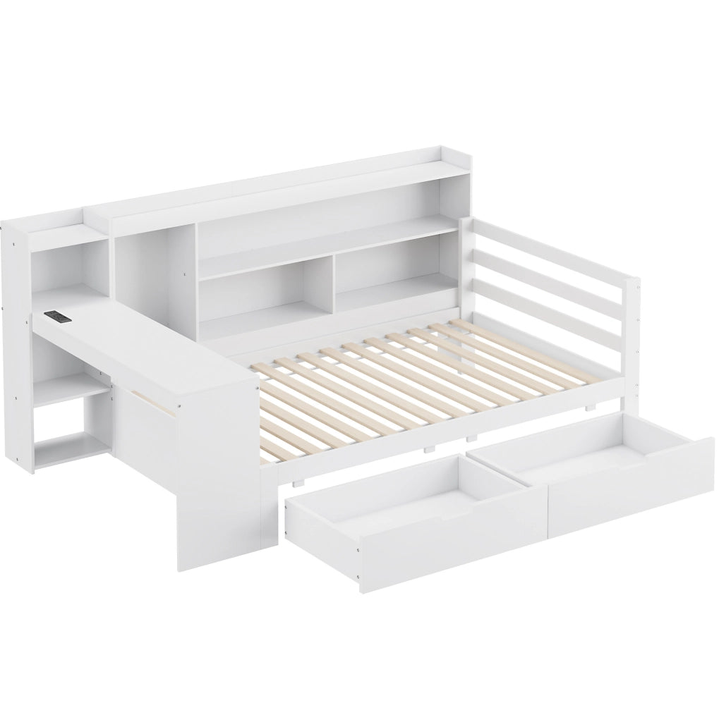 Divano letto 90x200 cm in legno bianco con scrivania， mensole， vano e presa， senza materasso