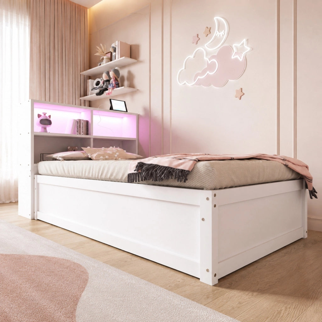 Letto singolo multifunzione 90x200 cm con LED e vani, bianco