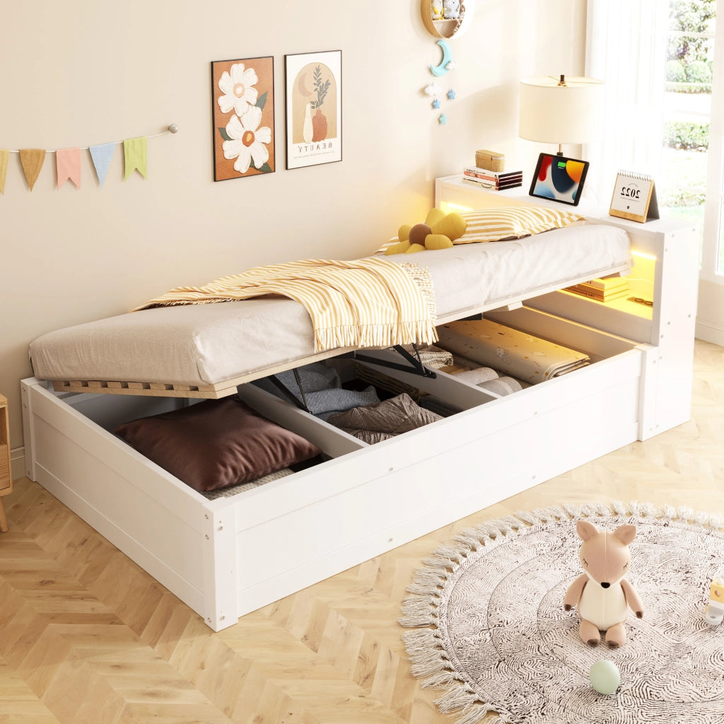 Letto singolo con contenitore 90 × 200 cm con sollevamento idraulico LED e presa multifunzione bianco in legno