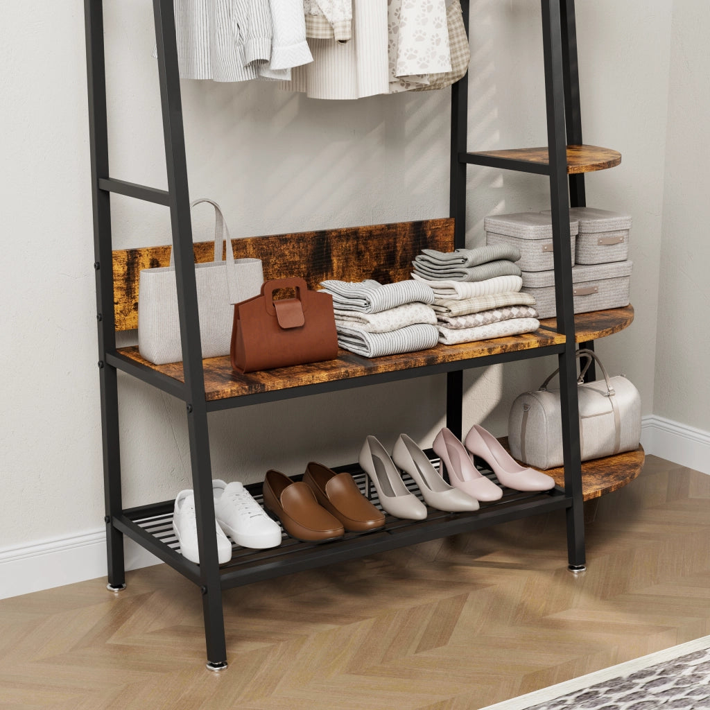Mobili da ingresso con barra appendiabiti e 3 ripiani, per camera da letto e ufficio, in metallo e legno, nero e marrone