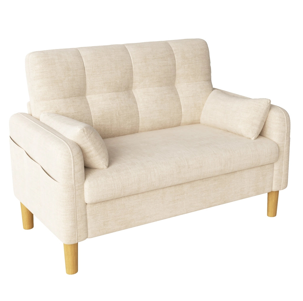 Divano a 2 posti in chenille beige con cuscini e tasca laterale, 119 x 78 x 85 cm