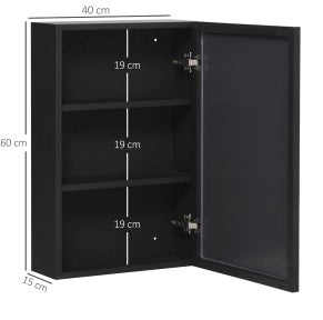 Mobile da bagno a parete con specchio, 3 ripiani, nero, 40x15x60 cm