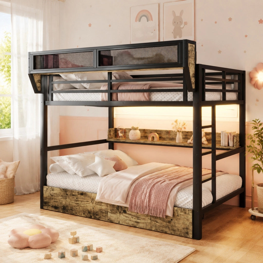 Letto a castello 140 × 200 cm in metallo e MDF nero con LED ripiani cestino e due cassetti