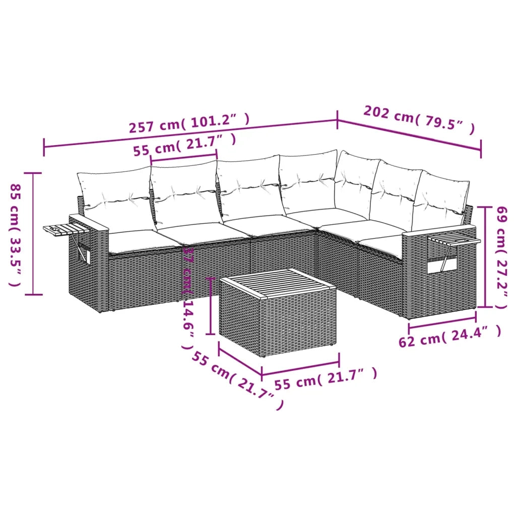 Set Divani da Giardino 7 pz con Cuscini Beige in Polyrattan