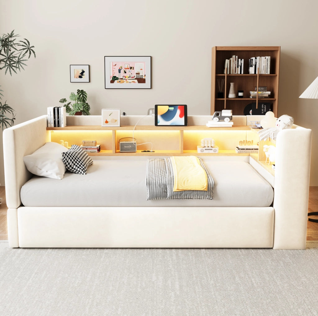Divano letto imbottito 90x190 cm con contenitore idraulico; LED e prese; beige
