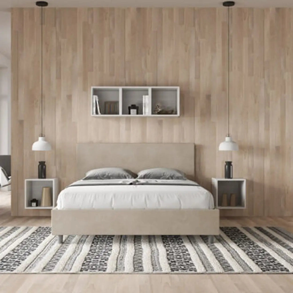 Letto matrimoniale senza rete imbottito 160x200 microfibra sabbia Adele