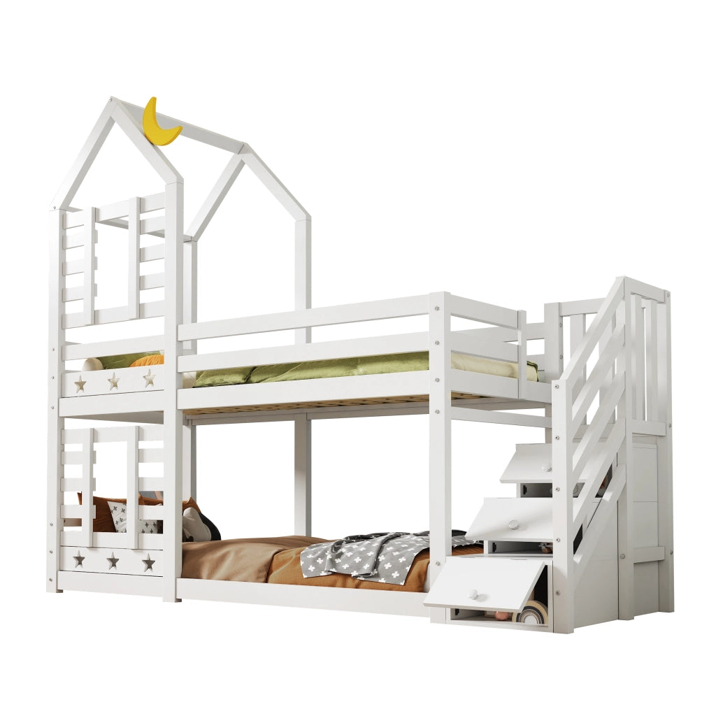 Letto a castello per bambini 90x200 cm a forma di casetta bianco
