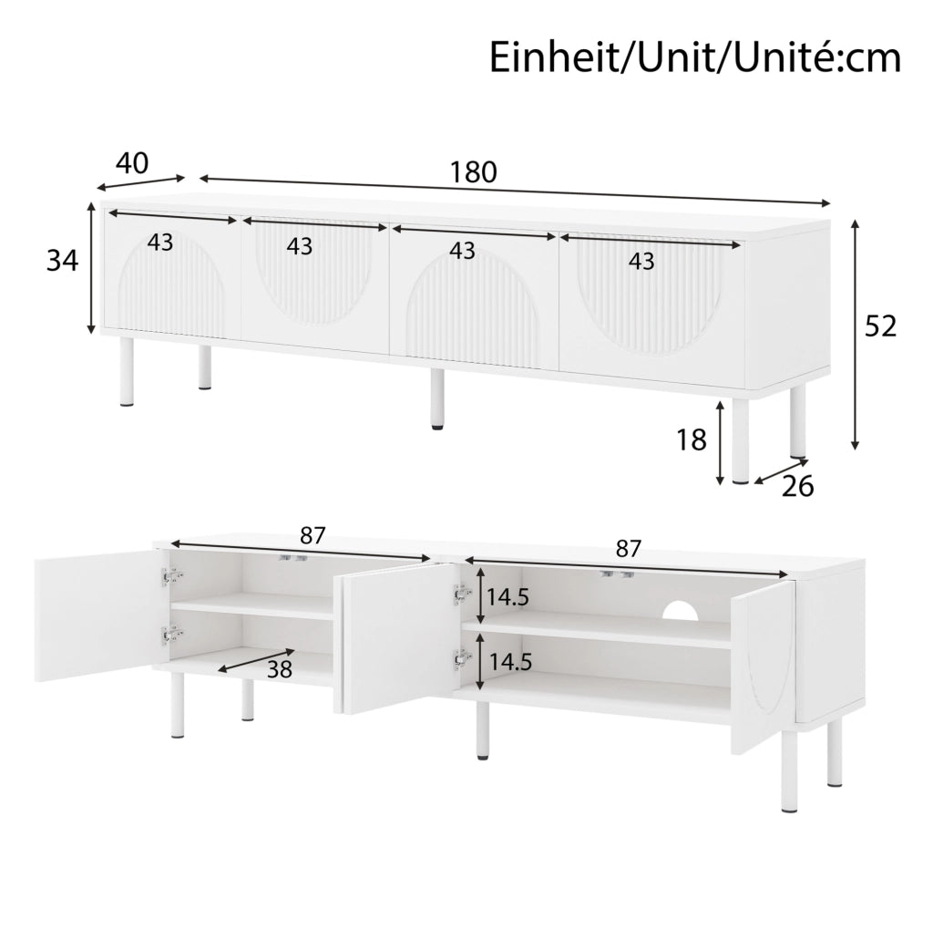 Mobile TV 180 cm con 4 vani e passacavi in MDF e truciolare bianco