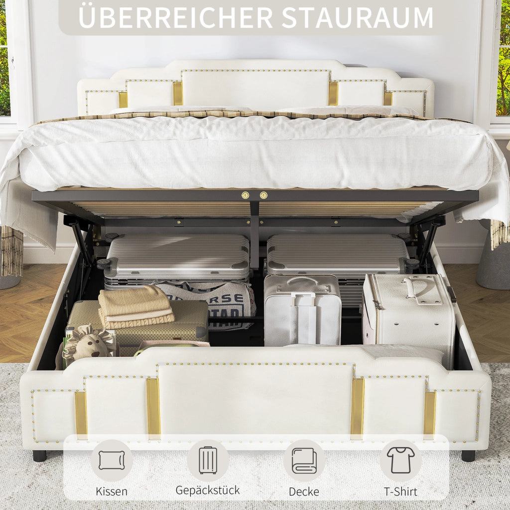 Letto contenitore 140x200 cm in velluto beige con LED