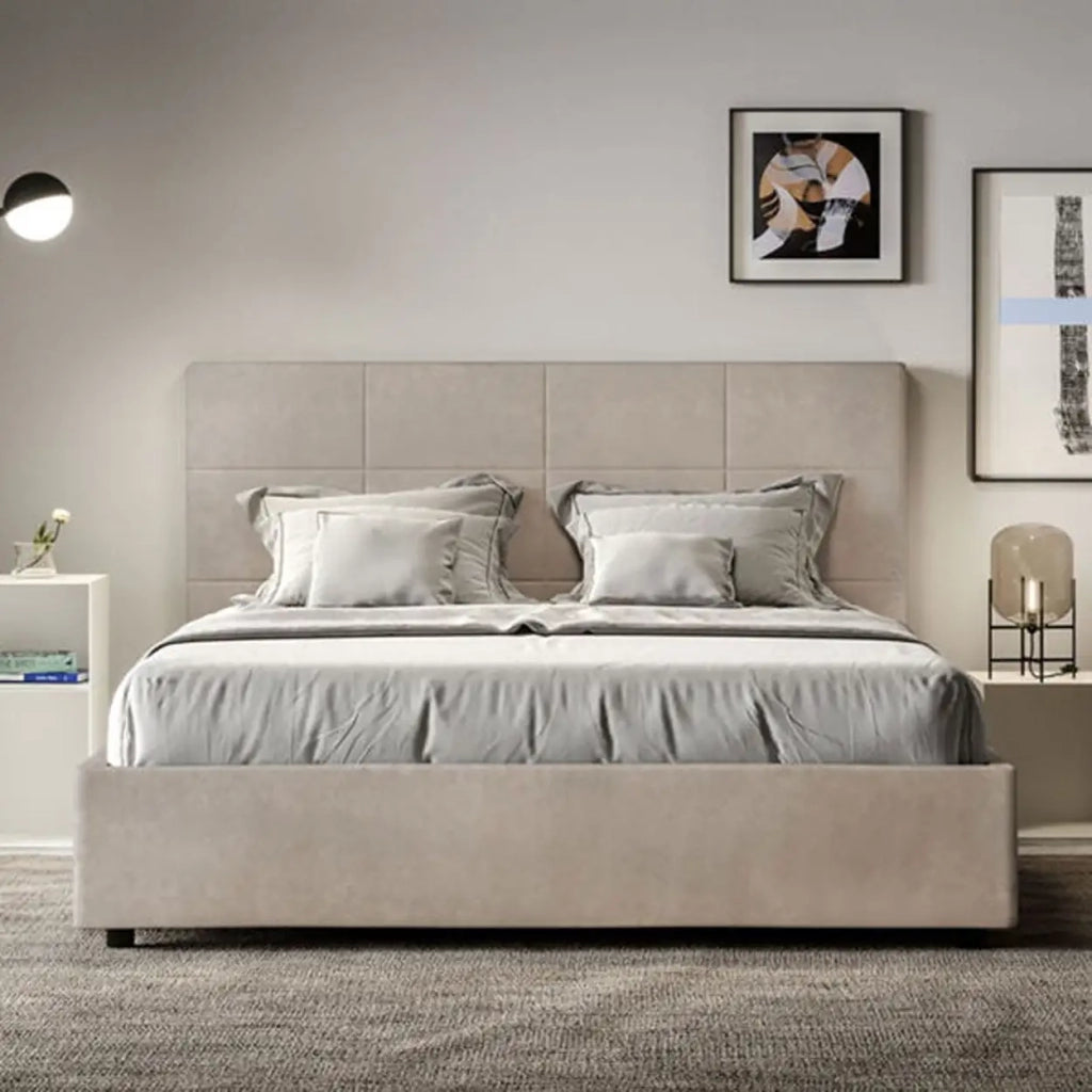 Letto matrimoniale con rete imbottito 160x190 microfibra sabbia Mika