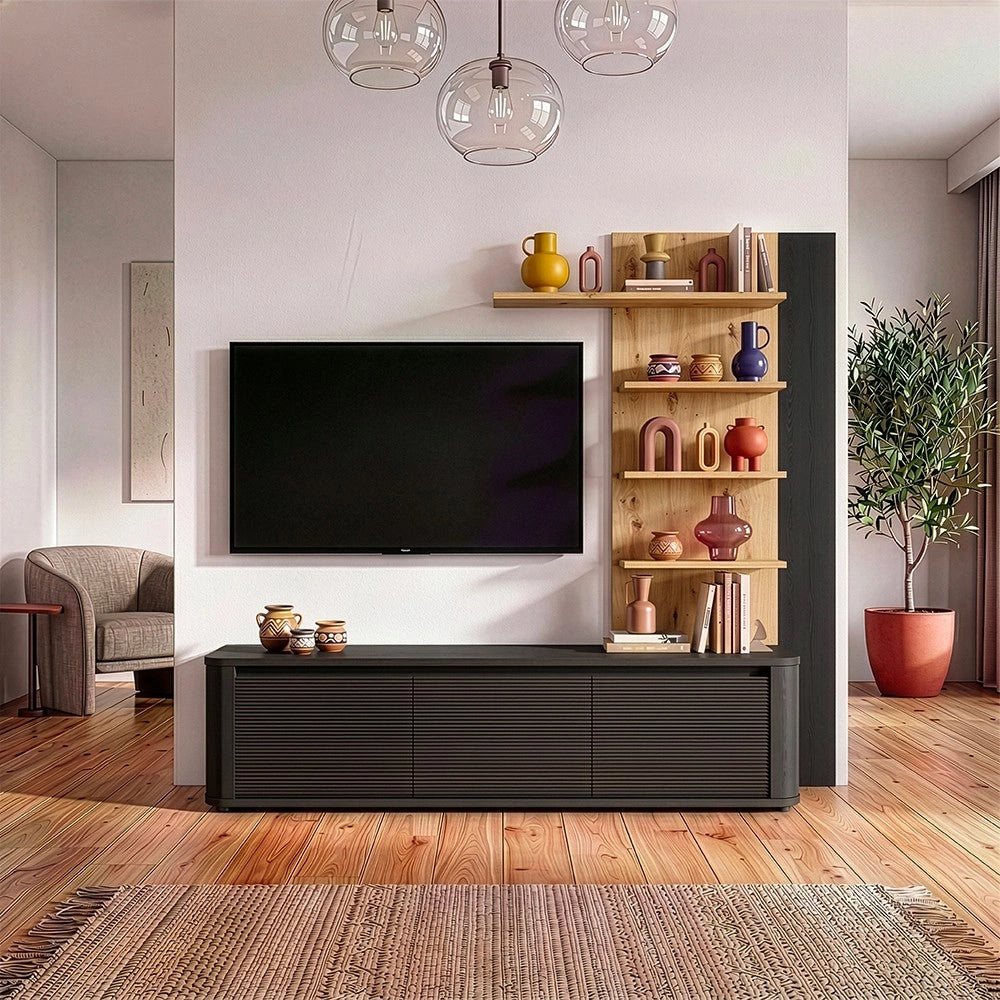 Parete Attrezzata Core Piccolo con Porta TV e Libreria – Rovere e nero