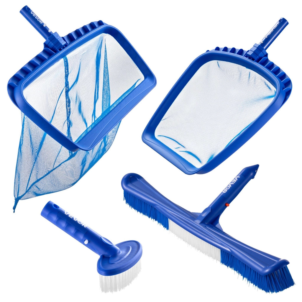 Kit Pulizia Piscina PPK43 con 2 Spazzole 51 e 14 cm e 2 Retini Skimmer a Maglia Fine per Giardino e Piscine Fuori Terra Senza Asta