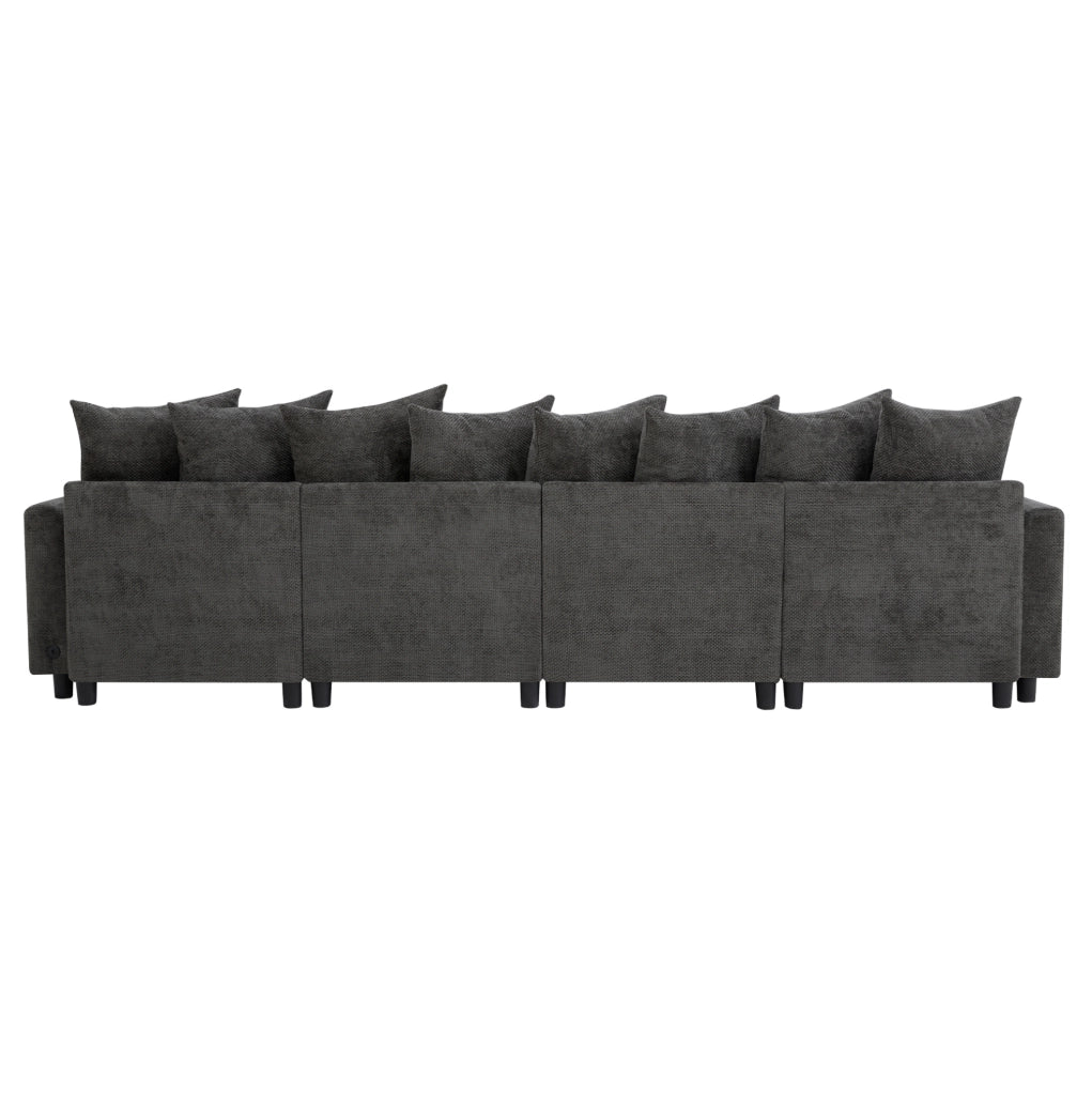 Divano modulare ULEVR 6 posti a U o L con 2 pouf, USB e Type-C, cuscini regolabili, chenille grigio