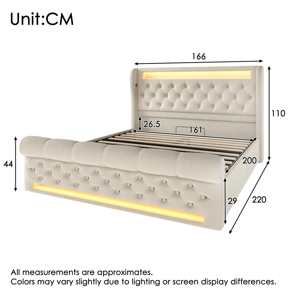 Letto matrimoniale 160x200 con LED, USB-C e vano contenitore