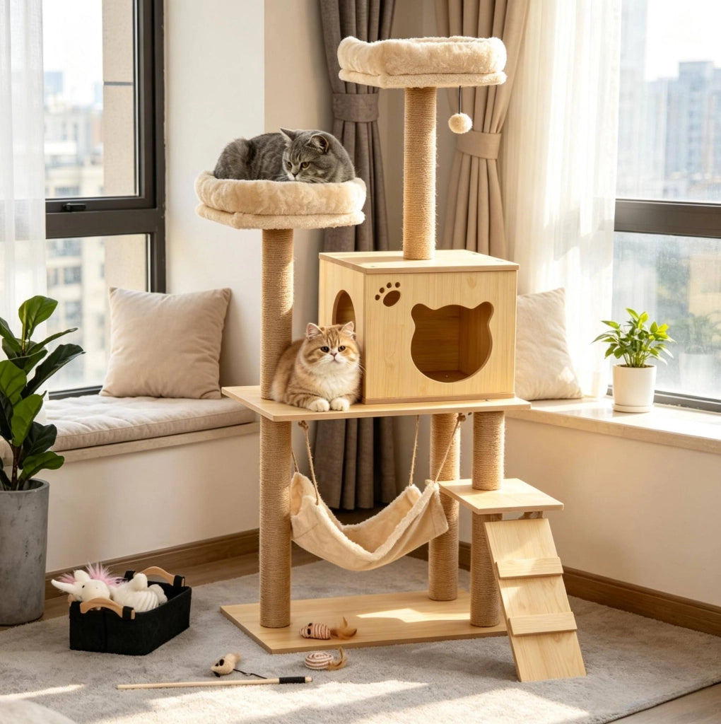 Tiragraffi per Gatti Multilivello con Amaca e Cuccia 60 x 40 x 130 cm Beige e Marrone per Interni