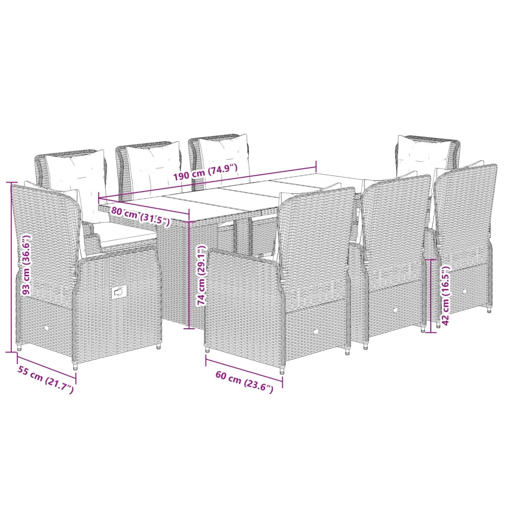 Set da Pranzo da Giardino 9 pz con Cuscini Nero in Polyrattan 3262780