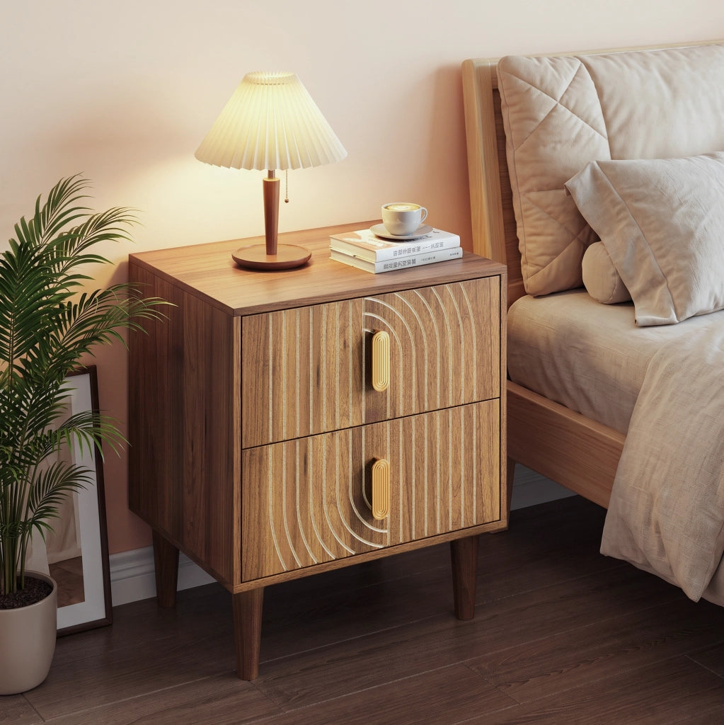 Comodino MDF noce con 2 cassetti e dettagli geometrici