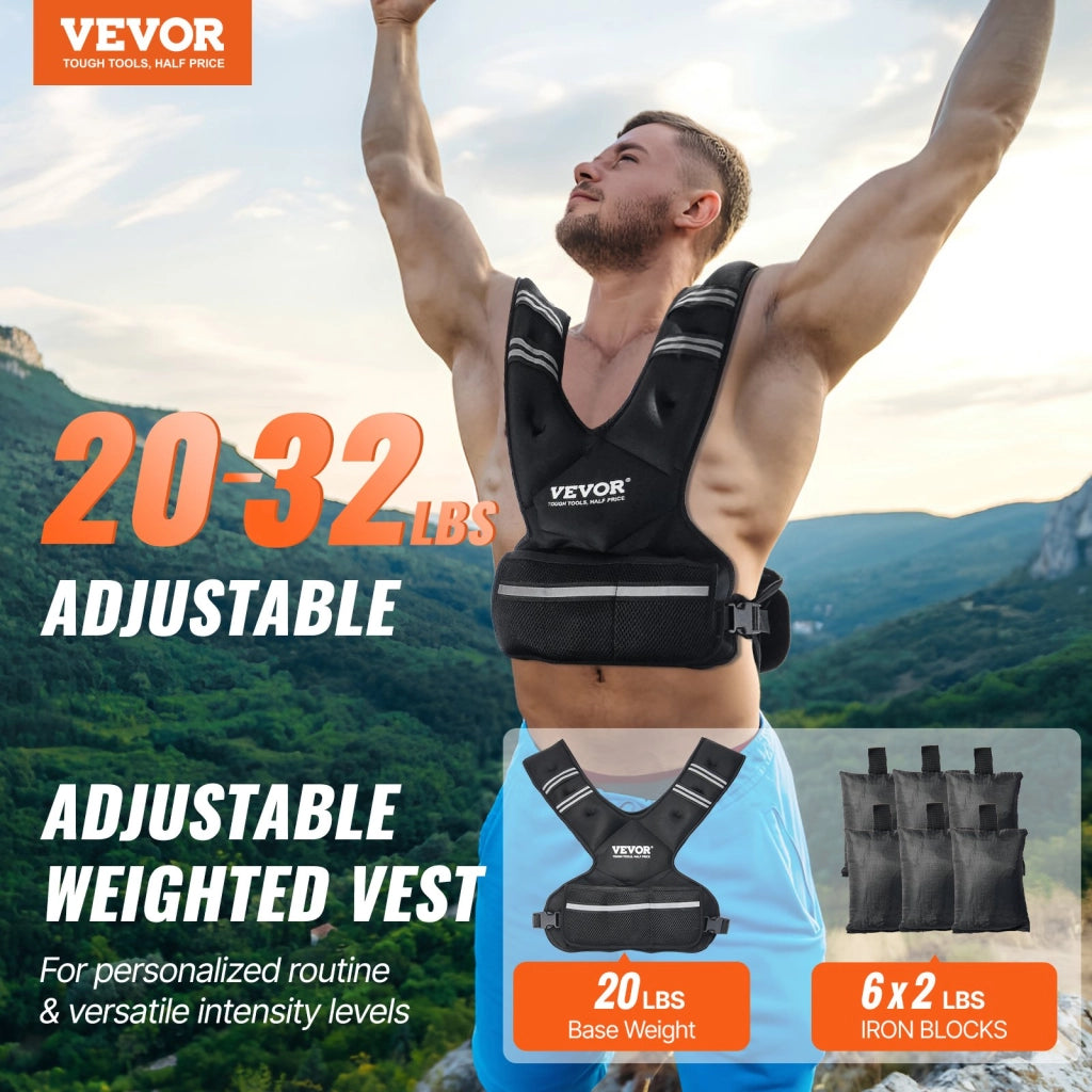 Gilet Zavorrato Regolabile 9-14,5 kg JS-VEST006-2 in Neoprene Nero con 6 Pacchi Pesi in Pellet di Ferro e Strisce Riflettenti per Fitness