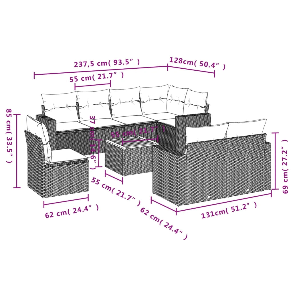 Set Divano da Giardino 9 pz con Cuscini Grigio in Polyrattan 3256550