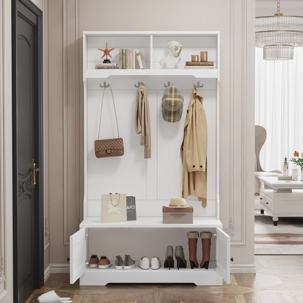 Mobile da ingresso con panca, 4 ganci e 2 vani aperti, 2 ante, per ingresso e camera, bianco, 101,5 × 183 cm