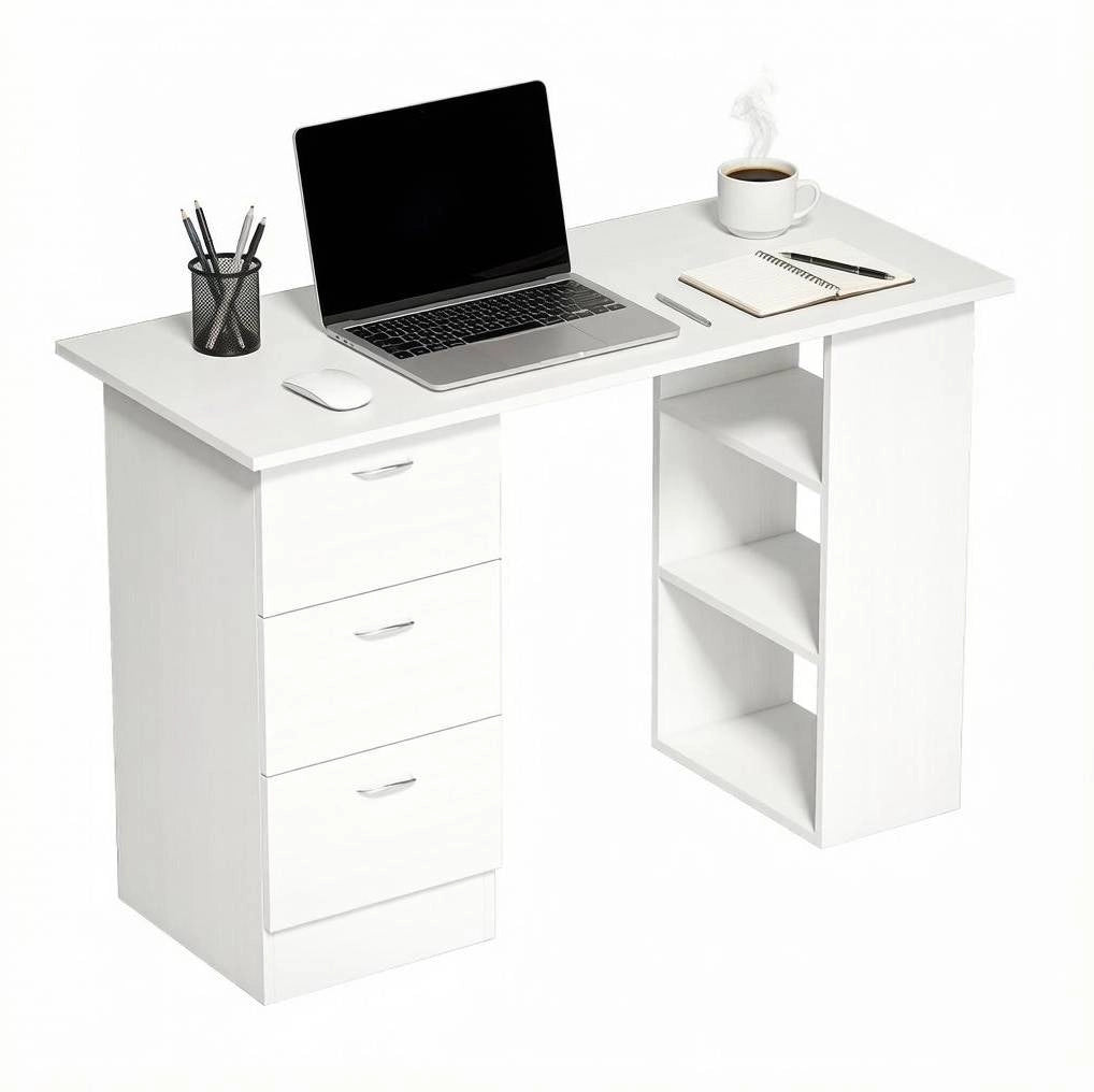Scrivania per Computer con 3 Cassetti e 3 Ripiani 120 x 49 x 72 cm Bianca - Ideale per Studio e Camera da Letto