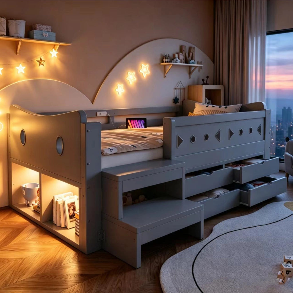 Letto per bambini 90x200 cm con LED; USB e Type-C; 4 cassetti; sponde e scale; legno grigio