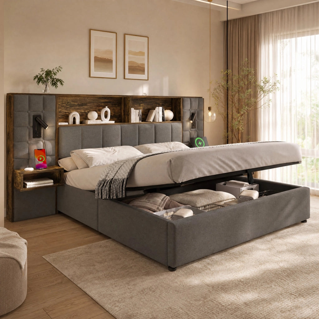Letto 160x200 in lino con contenitore; lampade; comodini e USB Type-C; grigio