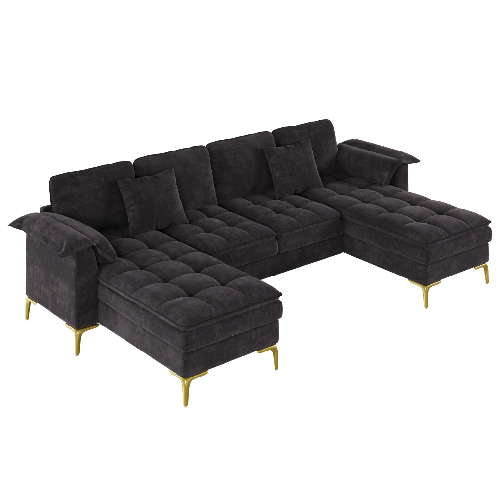 Divano angolare modulare a U 262x134 cm 4-5 posti in chenille nero con 2 cuscini