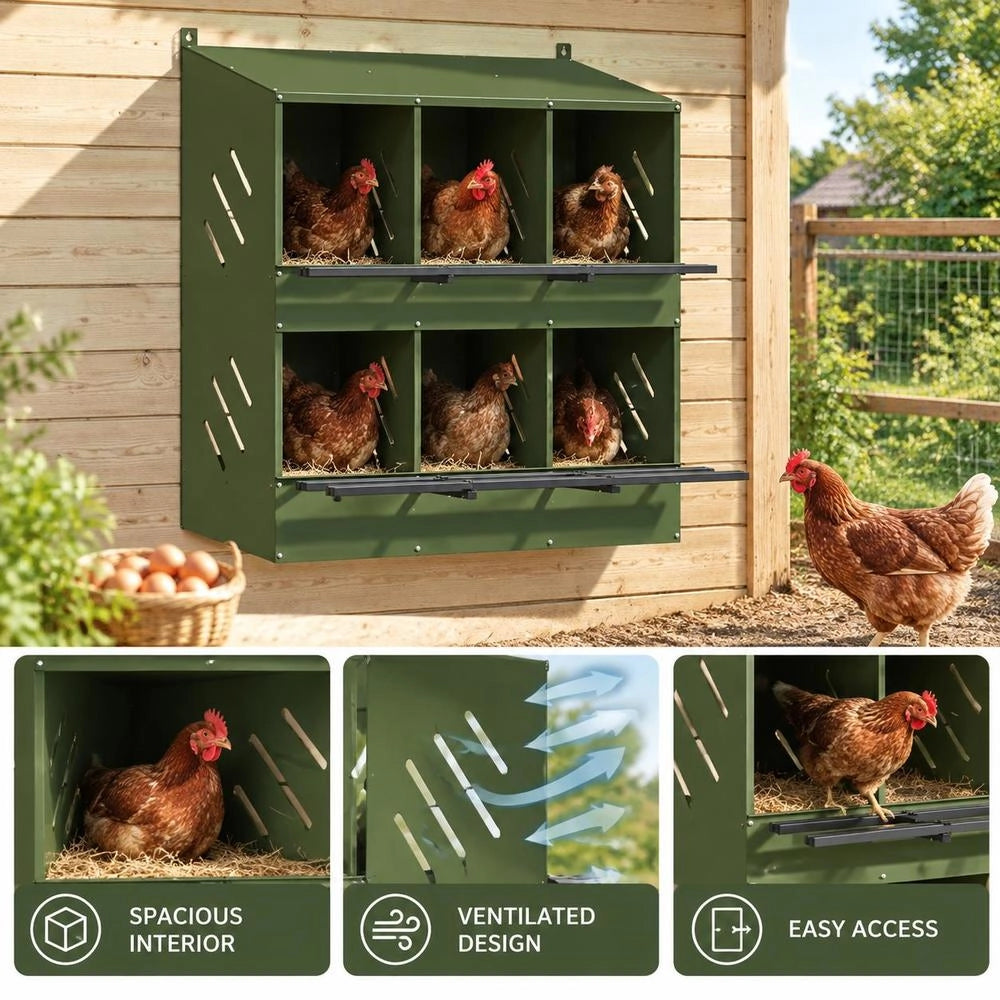 Chicken Nesting Box With 6 Compartments, Olive Green, Metal