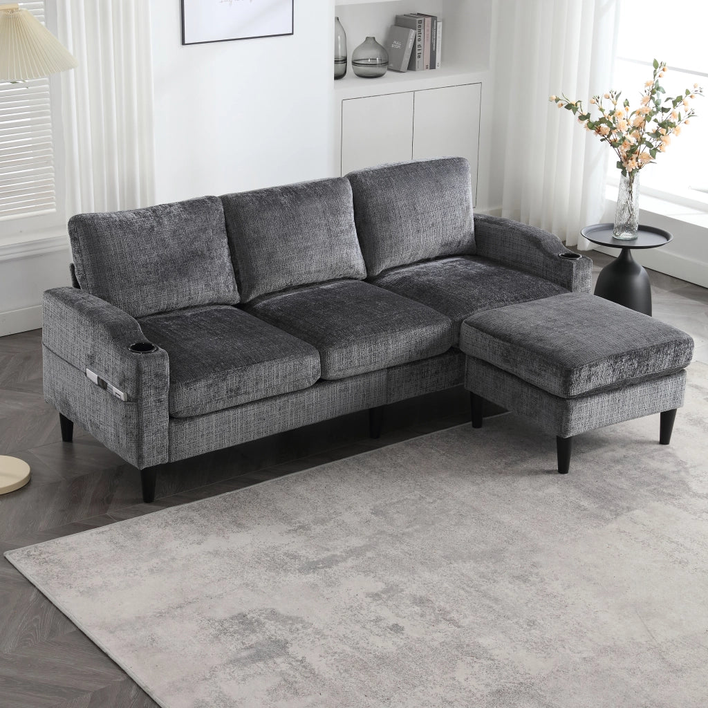Divano 4 Posti con Poggiapiedi e Contenitore ¨C MINIMAL ¨C Velluto, Braccioli, Portabicchieri