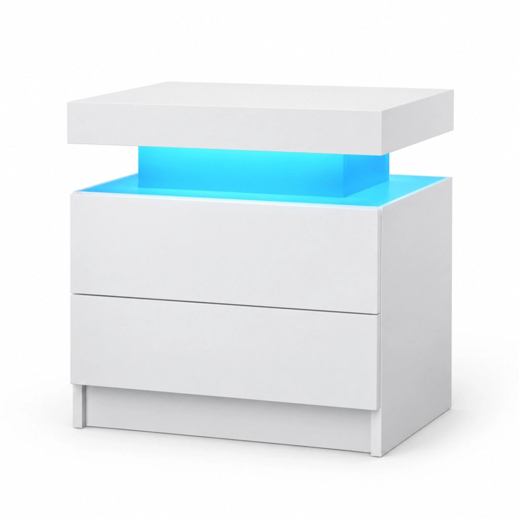 Comodino moderno bianco con LED multicolore regolabile; 2 cassetti e vano a giorno