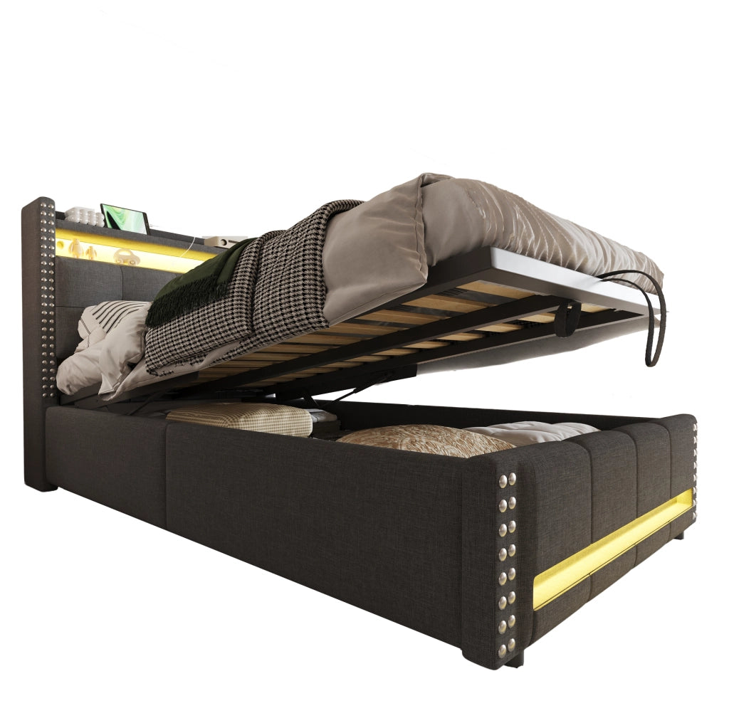Letto imbottito singolo 90x200 cm con LED, USB e contenitore idraulico, grigio