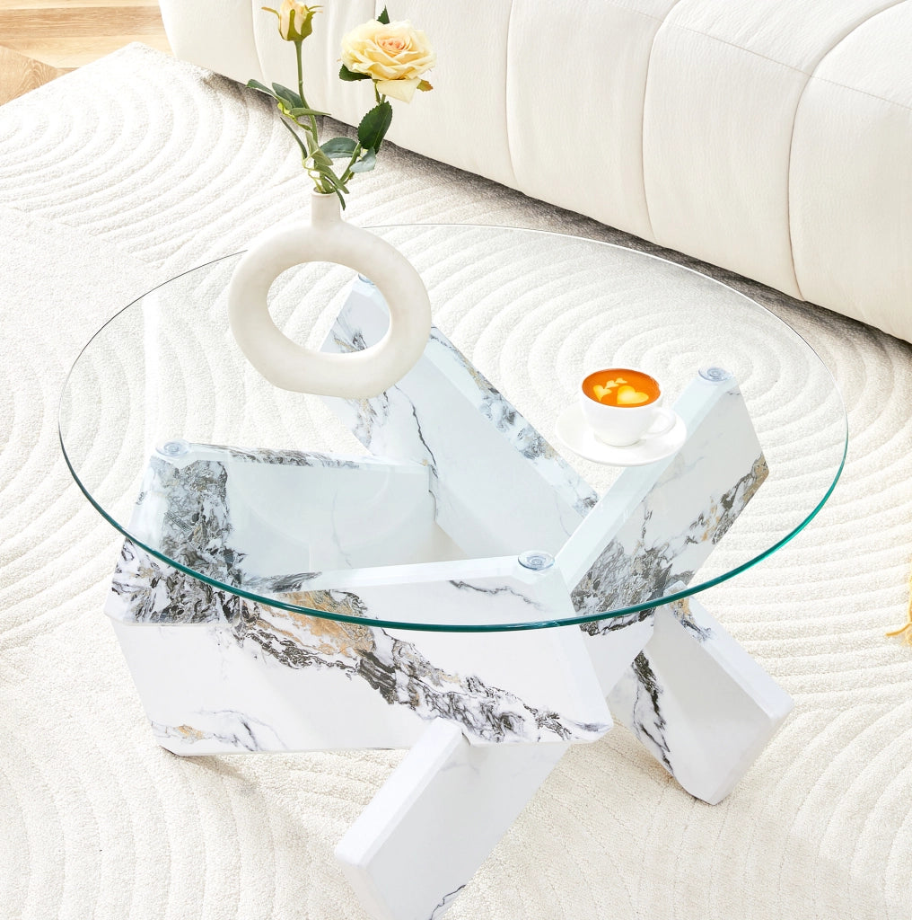 TAVOLO DA CAFFÈ ROTONDO 79 cm MDF E VETRO TRASPARENTE BIANCO